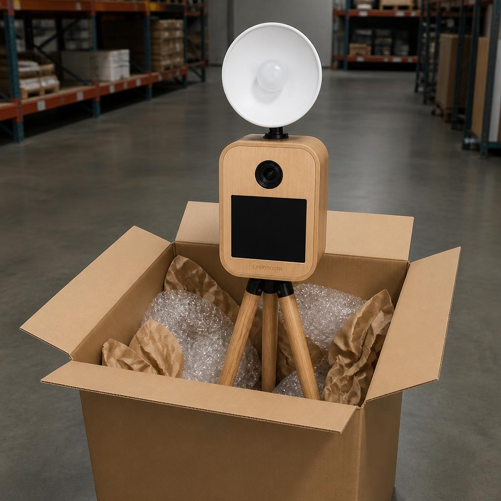 Photobooth packas ner i transportväska och fraktkartong för leverans